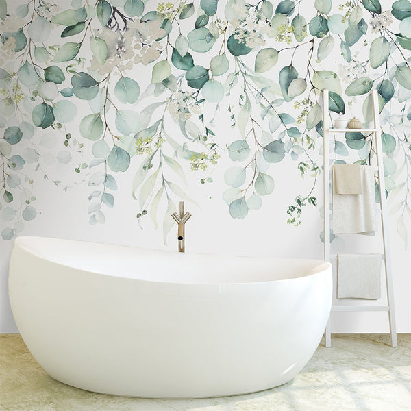Eucalyptus and Flowers Wall Mural CCM135 - CostaCover - Peel and stick Removable Wallpaper - accent wallpaper - adhesive wallpaper - bathroom wallpaper
