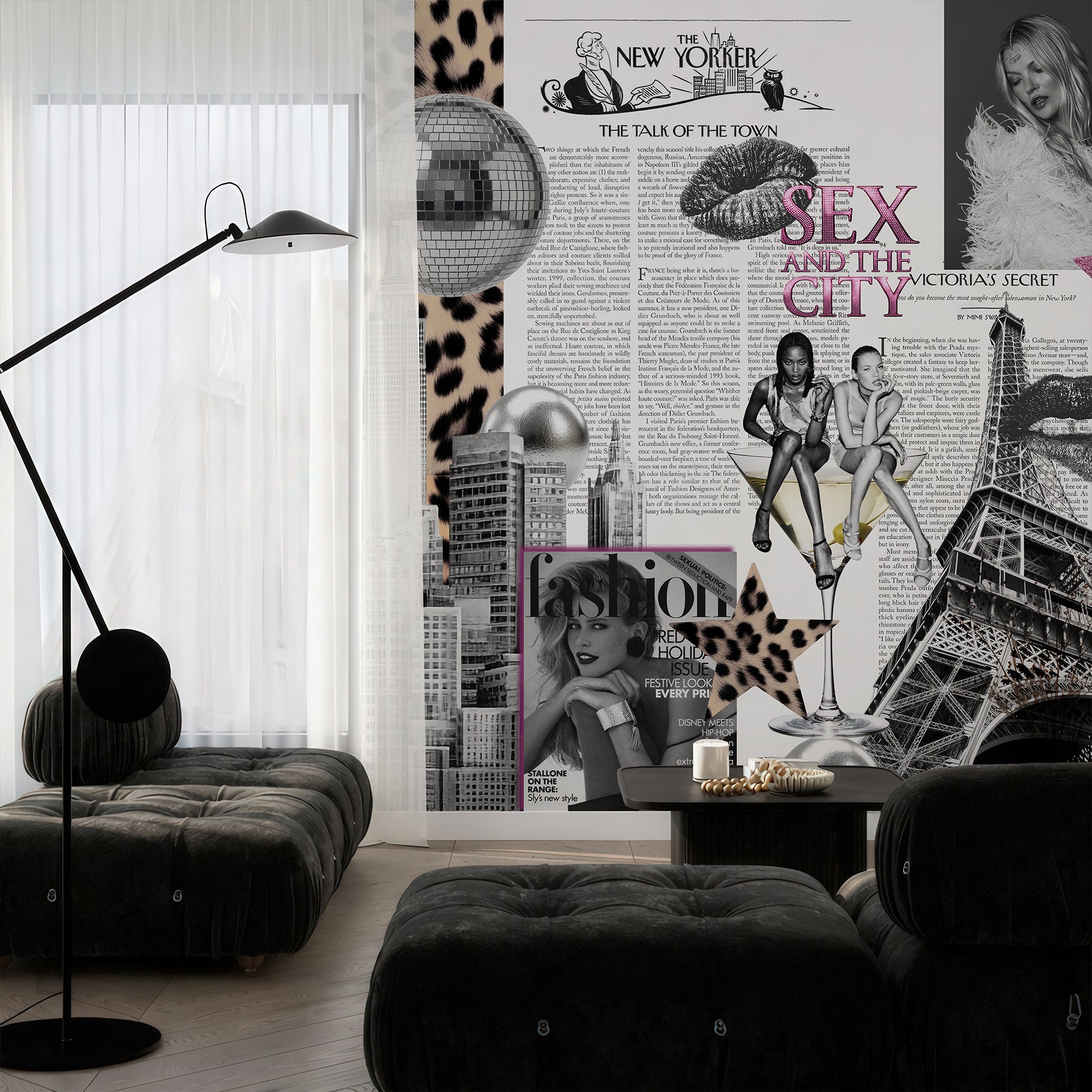New York Fashion Wall Mural with magazine-inspired collage design