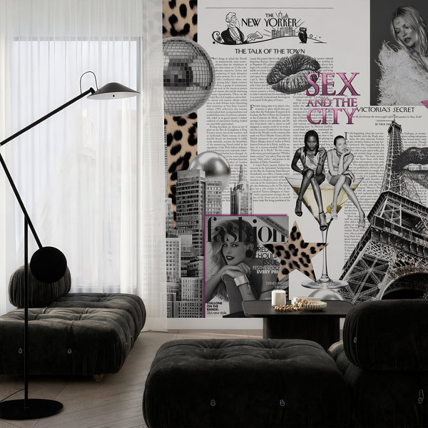 Pink black and white collage wallpaper featuring fashion imagery, New York buildings, Eiffel Tower, leopard pattern and sparkling disco ball accents.