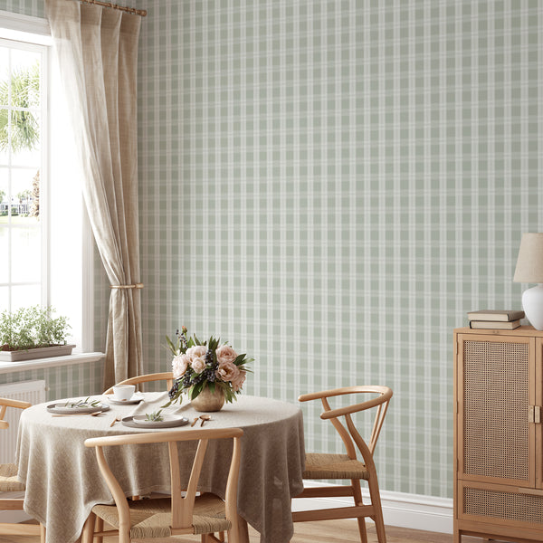Green plaid wallpaper featuring soft sage tones and crisp cream checks, creating a warm, classic backdrop for cottage-inspired interiors.