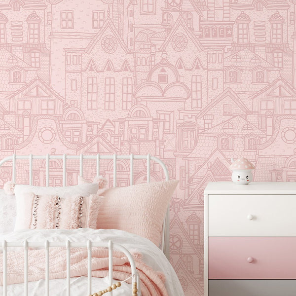 Pink City Houses Wallpaper CC313 - CostaCover - Peel and stick Removable Wallpaper - Abstract - abstract wallpaper - accent wallpaper