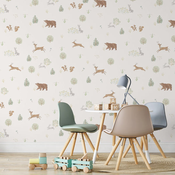 Pastel Forest Animals Wallpaper S046 - CostaCover-Peel and stick Removable Wallpaper-accent wallpaper-adhesive wallpaper-animal print