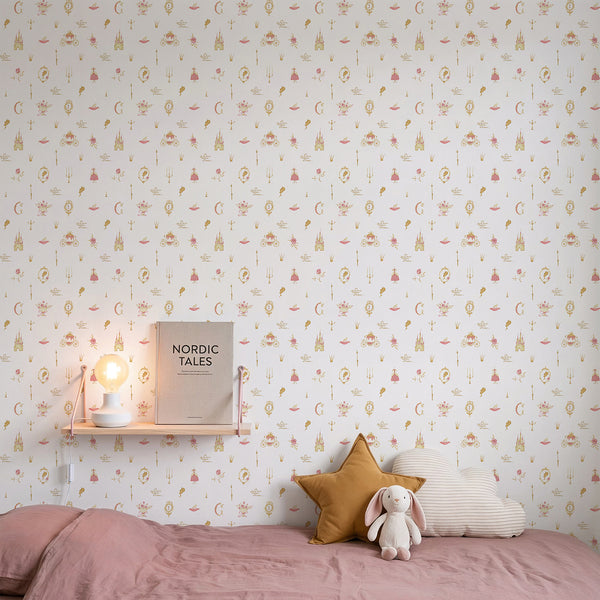 Fairy tale nursery wallpaper featuring delicate princess dresses, castles, golden crowns, roses, carriages and magical storybook illustrations.