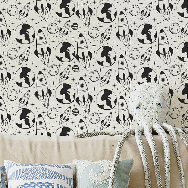 Black Spaceship & Planet Wallpaper S131 - CostaCover-Peel and stick Removable Wallpaper-accent wallpaper-adhesive wallpaper-bathroom wallpaper