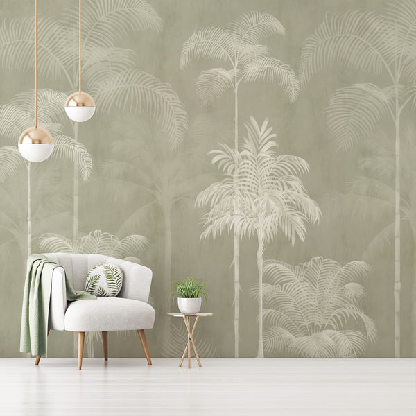 Neutral green palm tree wallpaper with an airy tropical landscape of tall palms and delicate foliage for a modern living room accent wall.