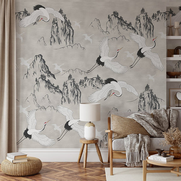 Chinoiserie Crane & Mountains Grasscloth Wall Mural CG003 - CostaCover - Traditional Wallpaper - accent wallpaper - bathroom wallpaper - bedroom wallpaper