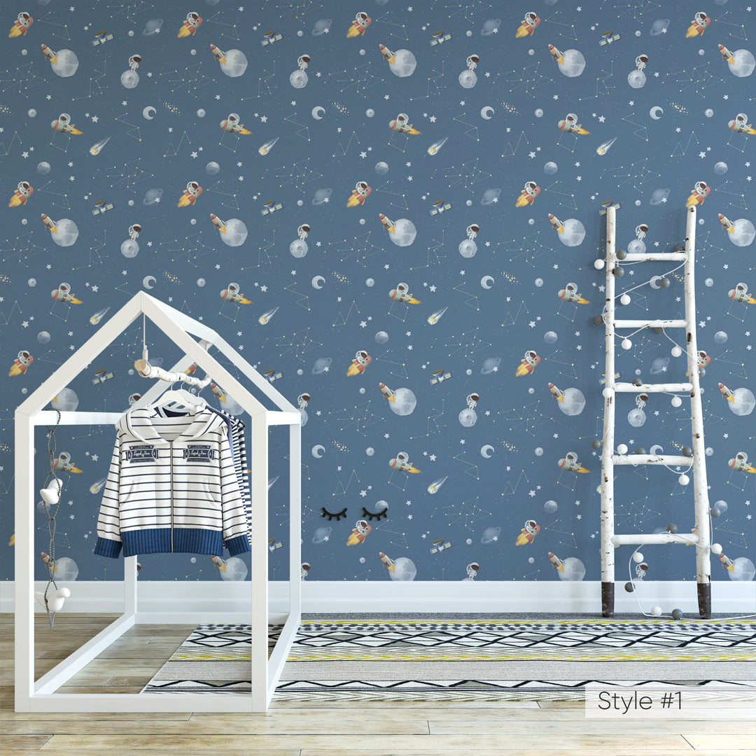 Pastel Blue Gray Space with Astronauts Self Adhesive Wallpaper W077