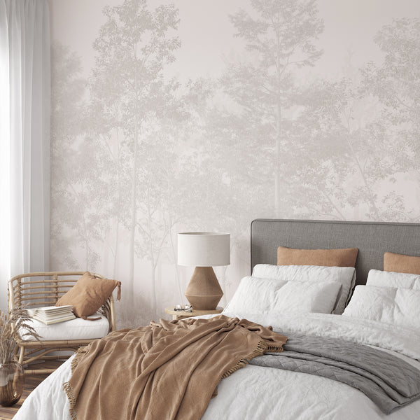 Soft beige-gray tree silhouettes in a serene forest mural, offering depth and tranquility to Japandi-style spaces.