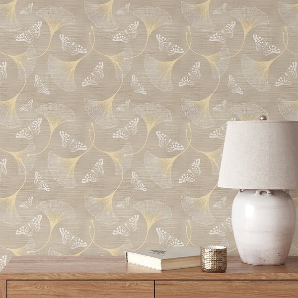 Beige Flowers & Butterflies Grasscloth Wallpaper CG013 - CostaCover - Traditional Wallpaper - bathroom wallpaper - bedroom wallpaper - beige
