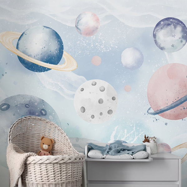 Blue Pink Planets in Space Wall Mural SM098 - CostaCover - Peel and stick Removable Wallpaper - accent wallpaper - adhesive wallpaper - baby bedroom