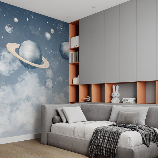 Blue Planets in Space Wall Mural SM091 - CostaCover - Peel and stick Removable Wallpaper - abstract wall art - accent wallpaper - adhesive wallpaper