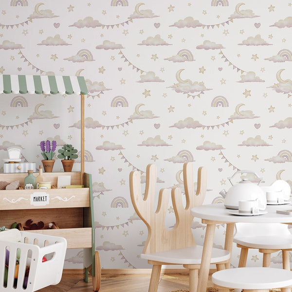 Tiny Rainbows & Clouds Wallpaper A048 - CostaCover-Peel and stick Removable Wallpaper-accent wallpaper-adhesive wallpaper-baby bedroom