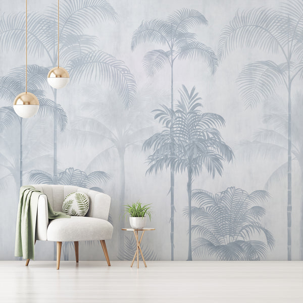 Light blue tropical wall mural featuring graceful palm trees and misty botanical foliage for a minimalist bedroom or modern living room.