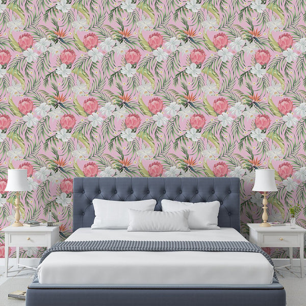 Exotic Pink Flowers Wallpaper CC229 - CostaCover - Peel and stick Removable Wallpaper - accent wallpaper - adhesive wallpaper - Banana leaves wallpaper