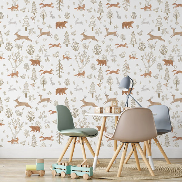 Beige Brown Forest Animals Wallpaper S055 - CostaCover - Peel and stick Removable Wallpaper - accent wallpaper - adhesive wallpaper - animal print