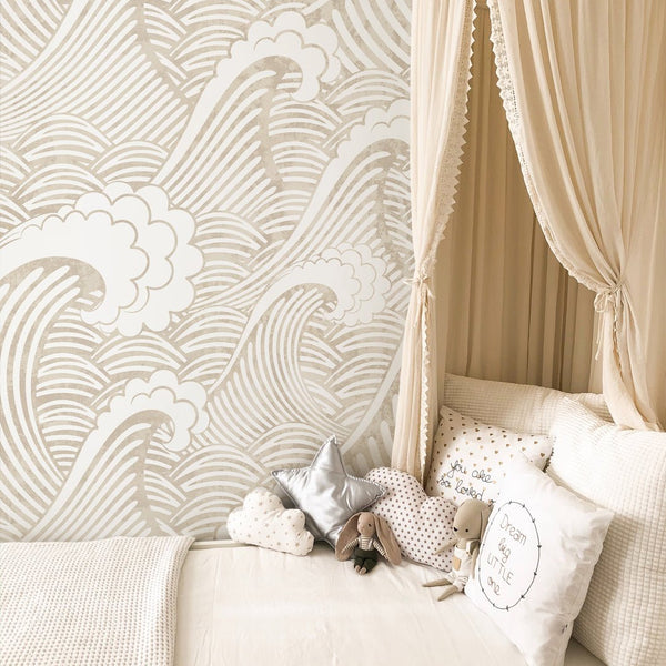 Japanese Beige Waves Wall Mural WM016 - CostaCover - Peel and stick Removable Wallpaper - adhesive wallpaper - bathroom wallpaper - bedroom wallpaper