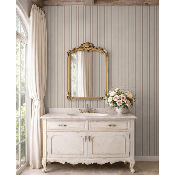 Vintage peel and stick wallpaper featuring a repeating brown and beige stripe pattern with fine herringbone-style detailing, ideal for farmhouse wall decor.
