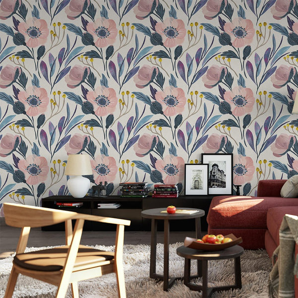 Poppy Pink Flower Wallpaper CC005 - CostaCover - Peel and stick Removable Wallpaper - adhesive wallpaper - bathroom wallpaper - bedroom interior