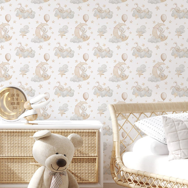 Cute Bunnies on Clouds Wallpaper S108 - CostaCover - Peel and stick Removable Wallpaper - accent wallpaper - adhesive wallpaper - animal print