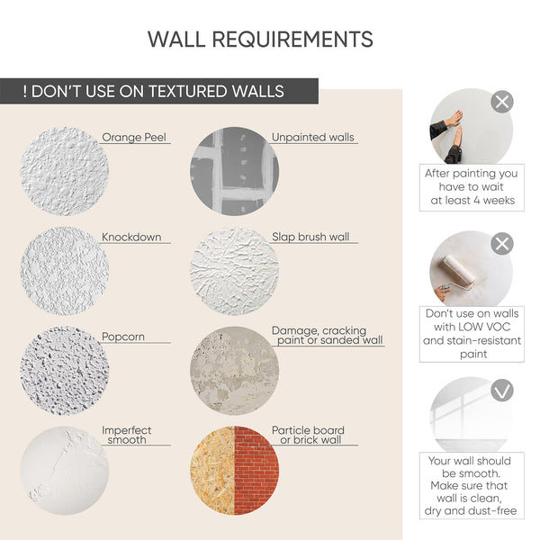  Wall requirements infographic: apply only to smooth, clean, dry and dust-free walls; do not use on textured surfaces (orange peel, knockdown, popcorn, etc.); wait at least 4 weeks after painting.