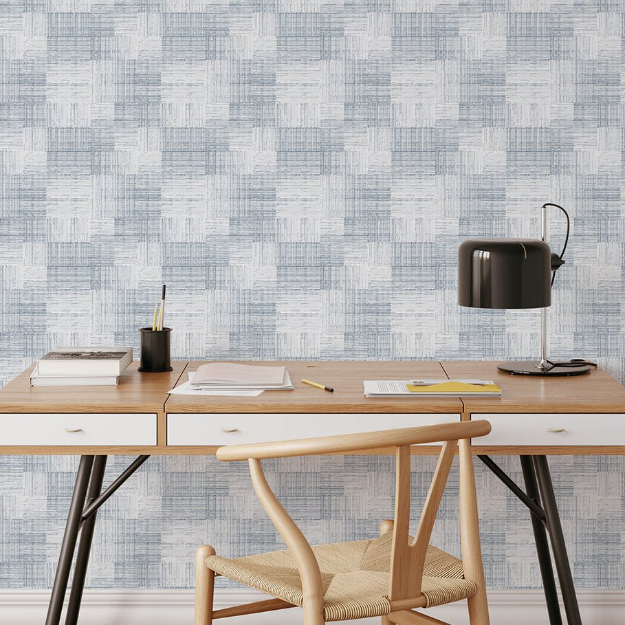 Soft Blue Checker Grasscloth Wallpaper