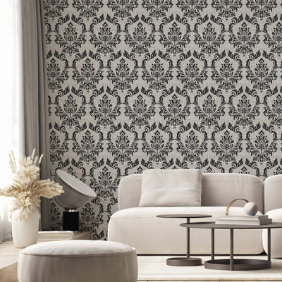 Black Gray Damask Wallpaper A028