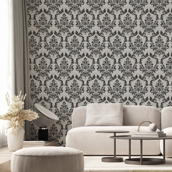 Black Gray Damask Wallpaper A028 - CostaCover - Peel and stick Removable Wallpaper - accent wallpaper - adhesive wallpaper - art deco bathroom