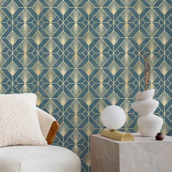 Blue Gray Art Deco Wallpaper CC335 - CostaCover - Peel and stick Removable Wallpaper - Abstract - abstract arches - Abstract Labyrinth Lines