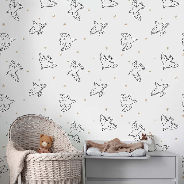 Black Birds & Stars Wallpaper S052 - CostaCover - Peel and stick Removable Wallpaper - abstract lines - abstract wall art - abstract wallpaper