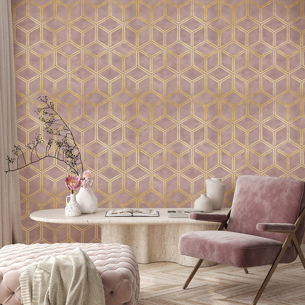 Blush Pink Сubes Art Deco Wallpaper CC327 - CostaCover - Peel and stick Removable Wallpaper - Abstract Beige Gold Stripes Waves Removable Wallpaper near me - abstract wallpaper - accent wallpaper