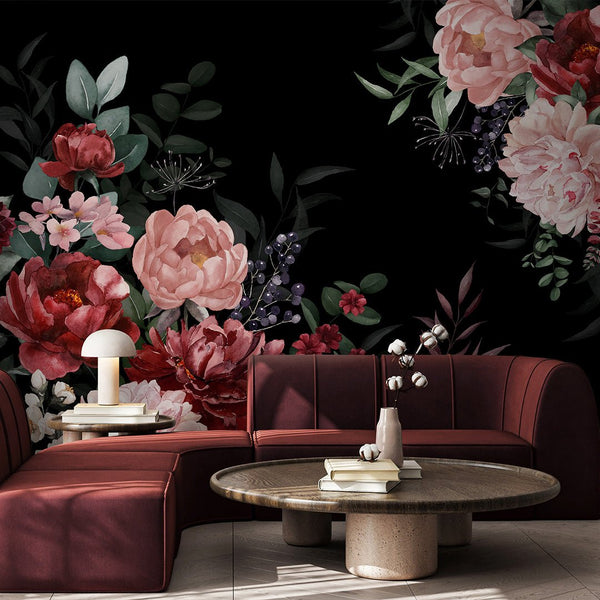 Dark Pink Red Flowers Bouquet Wall Mural SM030 - CostaCover - Peel and stick Removable Wallpaper - abstract floral - accent wallpaper - adhesive wallpaper