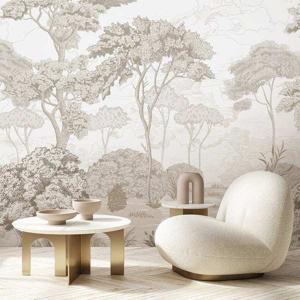 James Vintage Forest Wall Mural showcasing engraved-style trees and layered foliage in warm taupe and beige. The open composition and airy feel suit traditional and modern classic interiors, offering removable options for easy application.