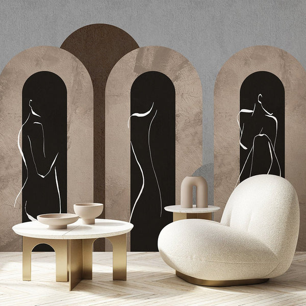 Beige Gray Arches & Girl Lines Wall Mural AM061 - CostaCover - Peel and stick Removable Wallpaper - Abstract - abstract arches - abstract lines
