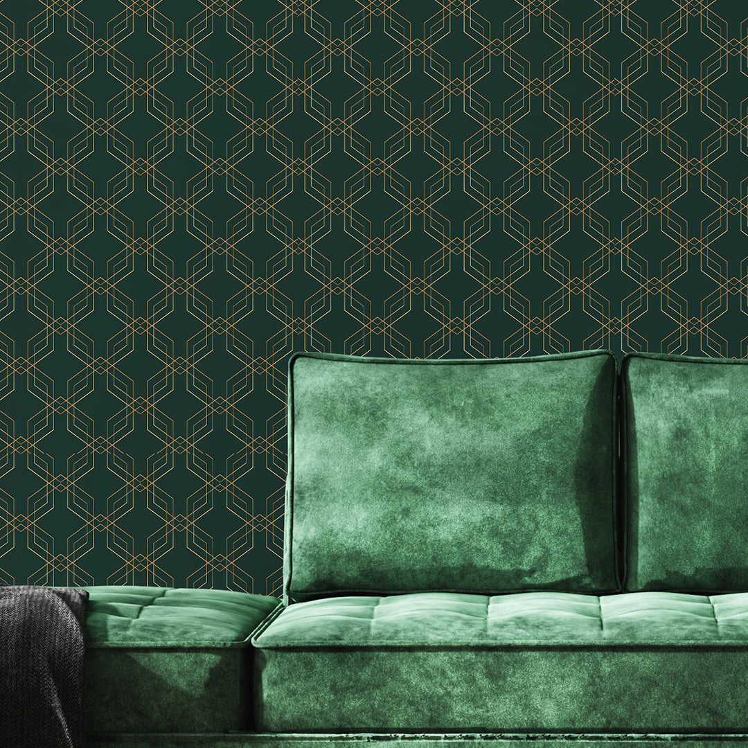 Dark Green Gold Effect Art Deco Wallpaper CC325