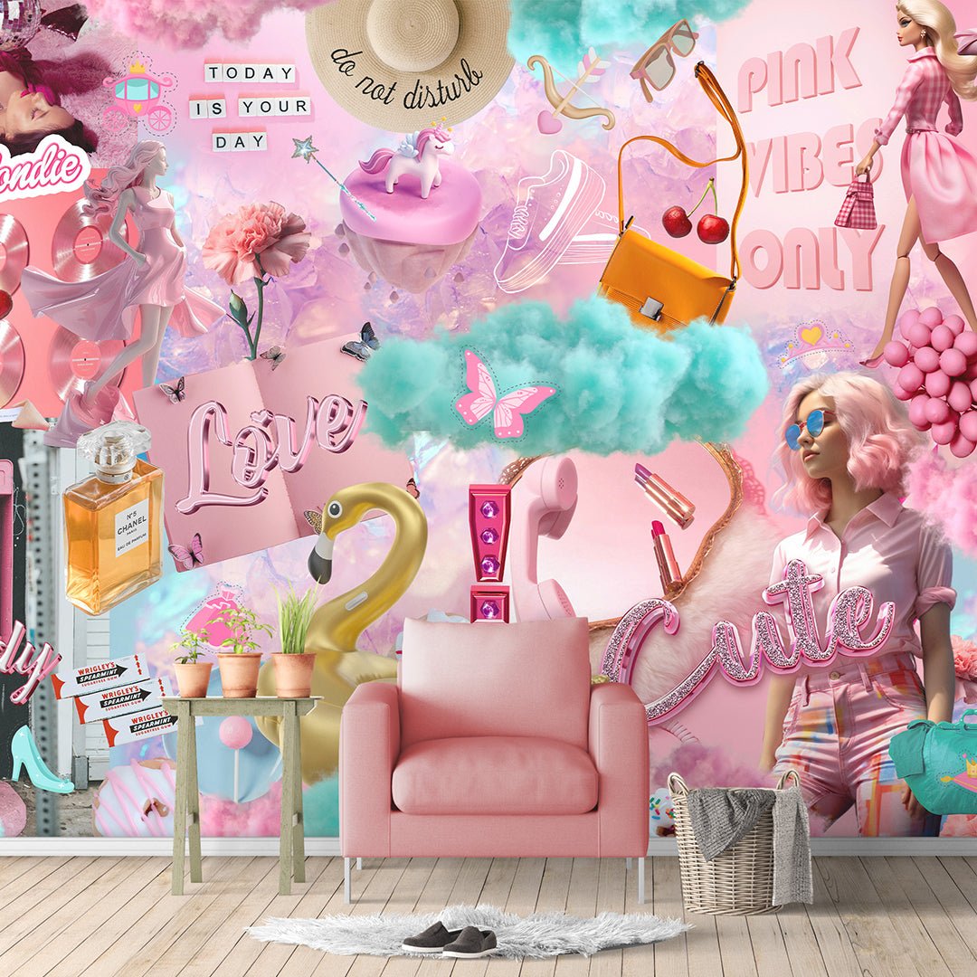 Pink Fashion Style Wall Mural with fashion-inspired collage artwork