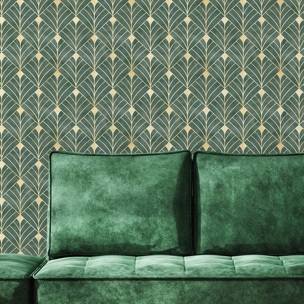 Green Art Deco Wallpaper CC336 - CostaCover - Peel and stick Removable Wallpaper - abstract wall art - abstract wallpaper - accent wallpaper