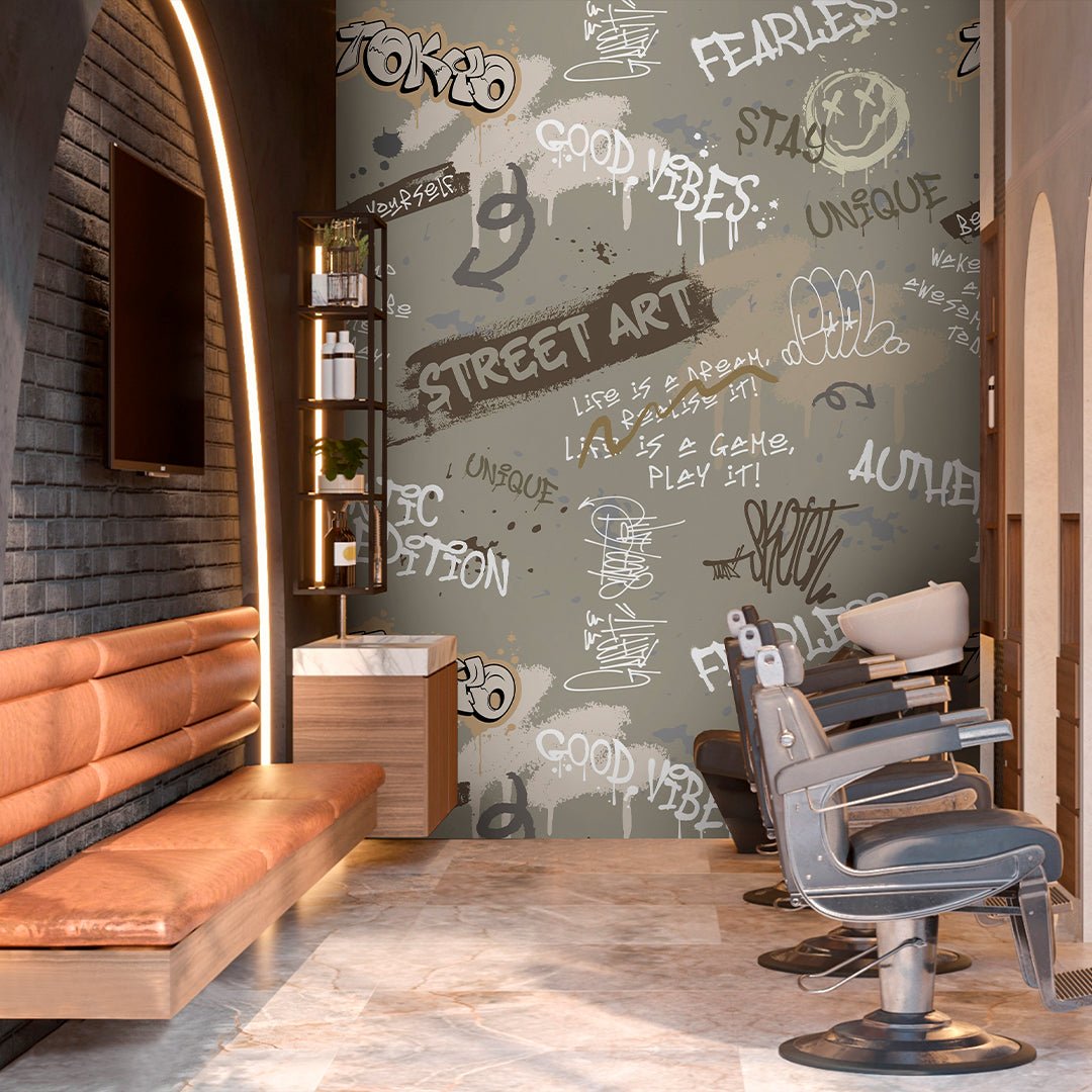 Graffiti Print Wall Mural with urban lettering and sketches
