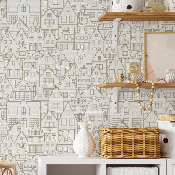 Neutral City Houses Wallpaper CC312 - CostaCover - Peel and stick Removable Wallpaper - Abstract - abstract wallpaper - accent wallpaper
