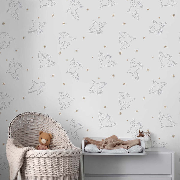 Gray Birds & Stars Wallpaper S050 - CostaCover - Peel and stick Removable Wallpaper - abstract lines - abstract wallpaper - accent wallpaper