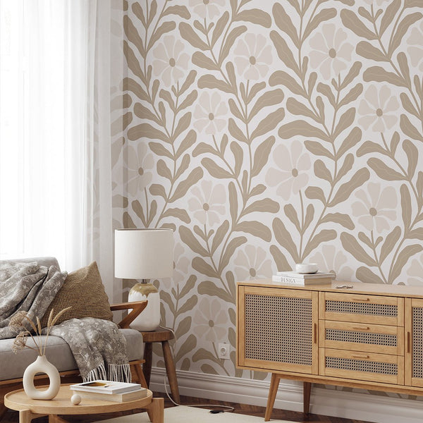 Beige Floral Botanical Wallpaper W141 - CostaCover-Peel and stick Removable Wallpaper-Abstract-abstract floral-abstract lines