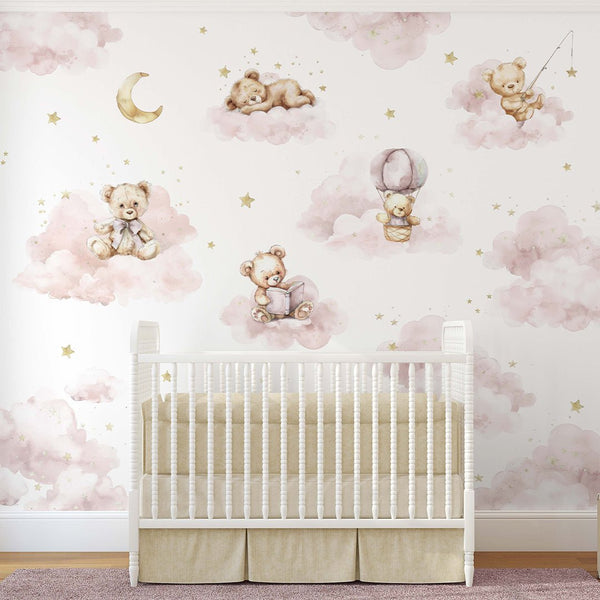 Pink Clouds and Bears Wall Mural SM009 - CostaCover - Peel and stick Removable Wallpaper - abstract wall art - abstract wallpaper - accent wallpaper