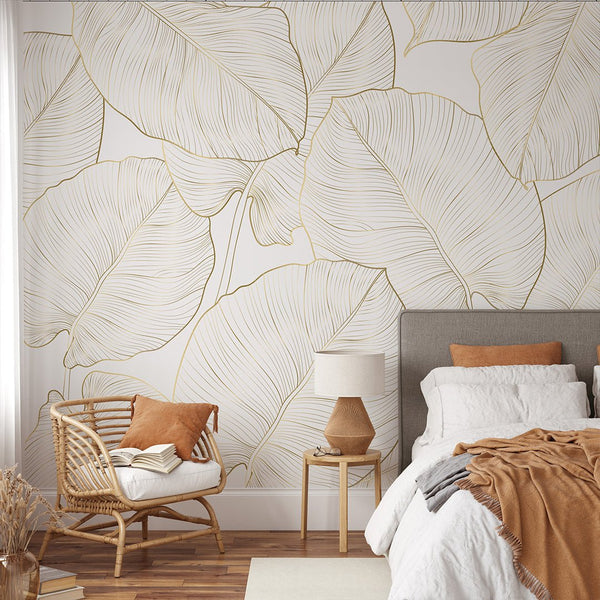 White Gold Effect Leaves Wall Mural CCM181 - CostaCover - Peel and stick Removable Wallpaper - Abstract - Abstract Beige Gold Stripes Waves Removable Wallpaper near me - abstract floral