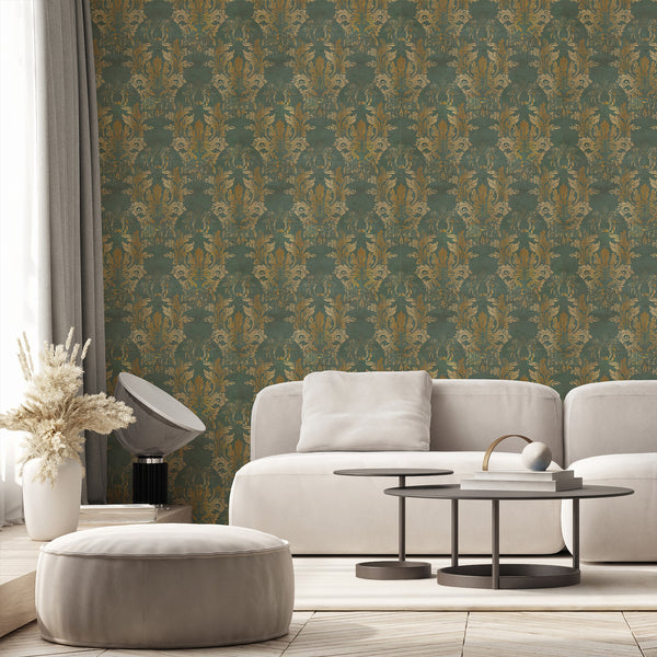 Vintage damask wallpaper in deep green and muted gold, featuring weathered floral scrollwork for a moody Victorian bedroom accent wall.