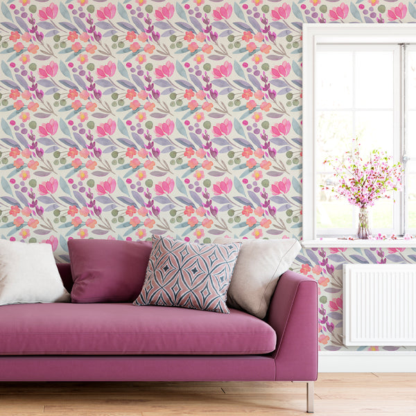 A vibrant display of Pink Flowers Wallpaper showcasing five-petal blossoms and lavender-like stems in soft pinks and greens. Ideal for bedrooms seeking a watercolor floral accent, this high-quality, temporary wallpaper is made in the USA and designed for easy repositioning, making it perfect for renters and interior designers.