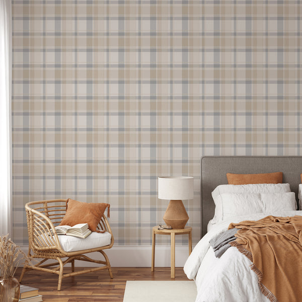 Farmhouse checkered wallpaper featuring large soft beige and dusty blue plaid squares, ideal for rustic cottage bedrooms and welcoming living rooms.