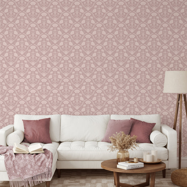 High-quality, removable pink floral wallpaper, ideal for creating a romantic accent wall in nurseries.