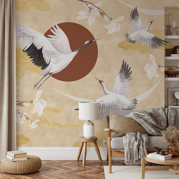 Chinoiserie Crane & Sunset Grasscloth Wall Mural CG002 - CostaCover - Traditional Wallpaper - accent wallpaper - bathroom wallpaper - bedroom wallpaper