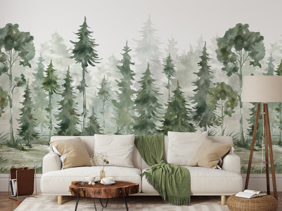 Watercolor Pine Tree Forest Self Adhesive Wall Mural WM047