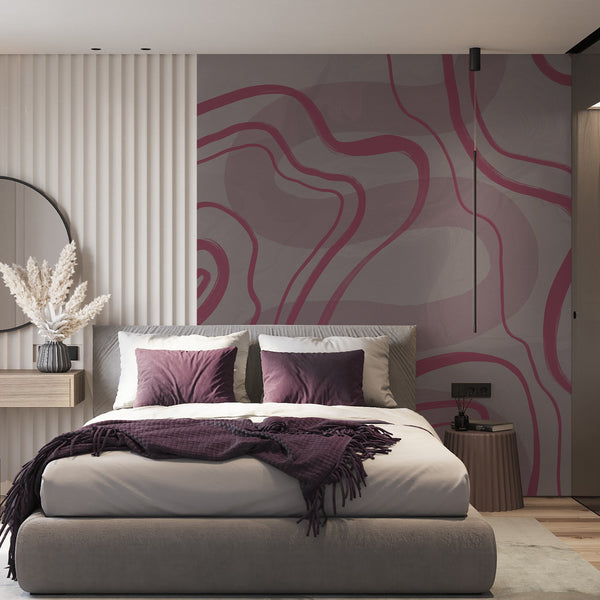 Muted pink wall mural featuring flowing dusty rose lines over soft gray and mauve tones with subtle texture for a modern bedroom accent wall.