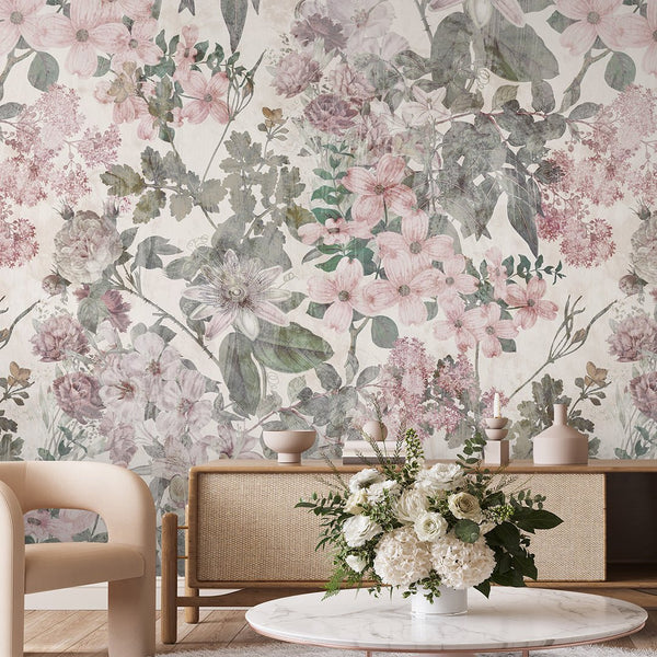 Pink Vintage Flowers Garden Wall Mural SM042 - CostaCover - Peel and stick Removable Wallpaper - abstract floral - abstract wallpaper - accent wallpaper